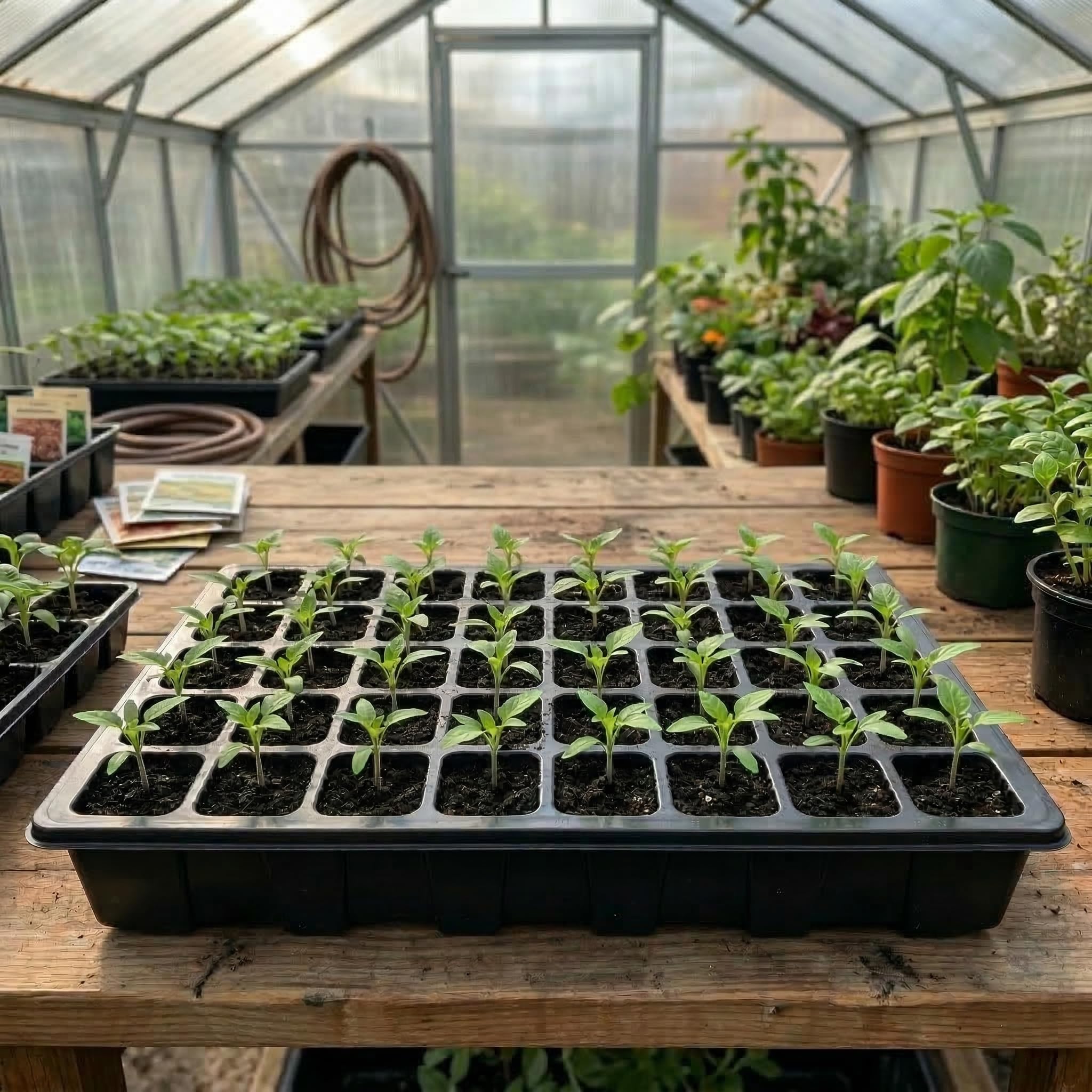 Seed tray with drain hole helps prevent overwatering.