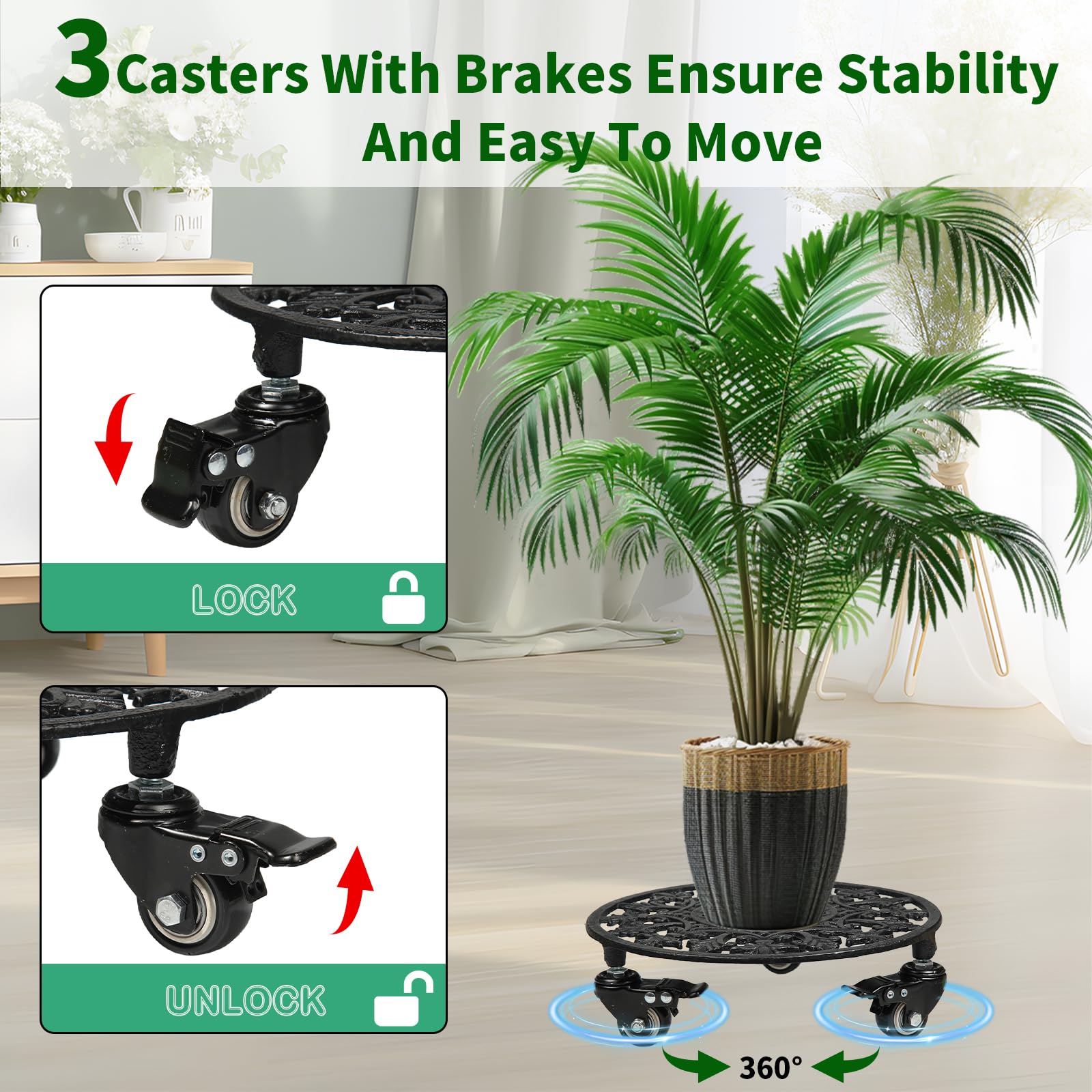 GARGENTOL heavy-duty iron plant caddy wheels securely move large planters indoors or outdoors.