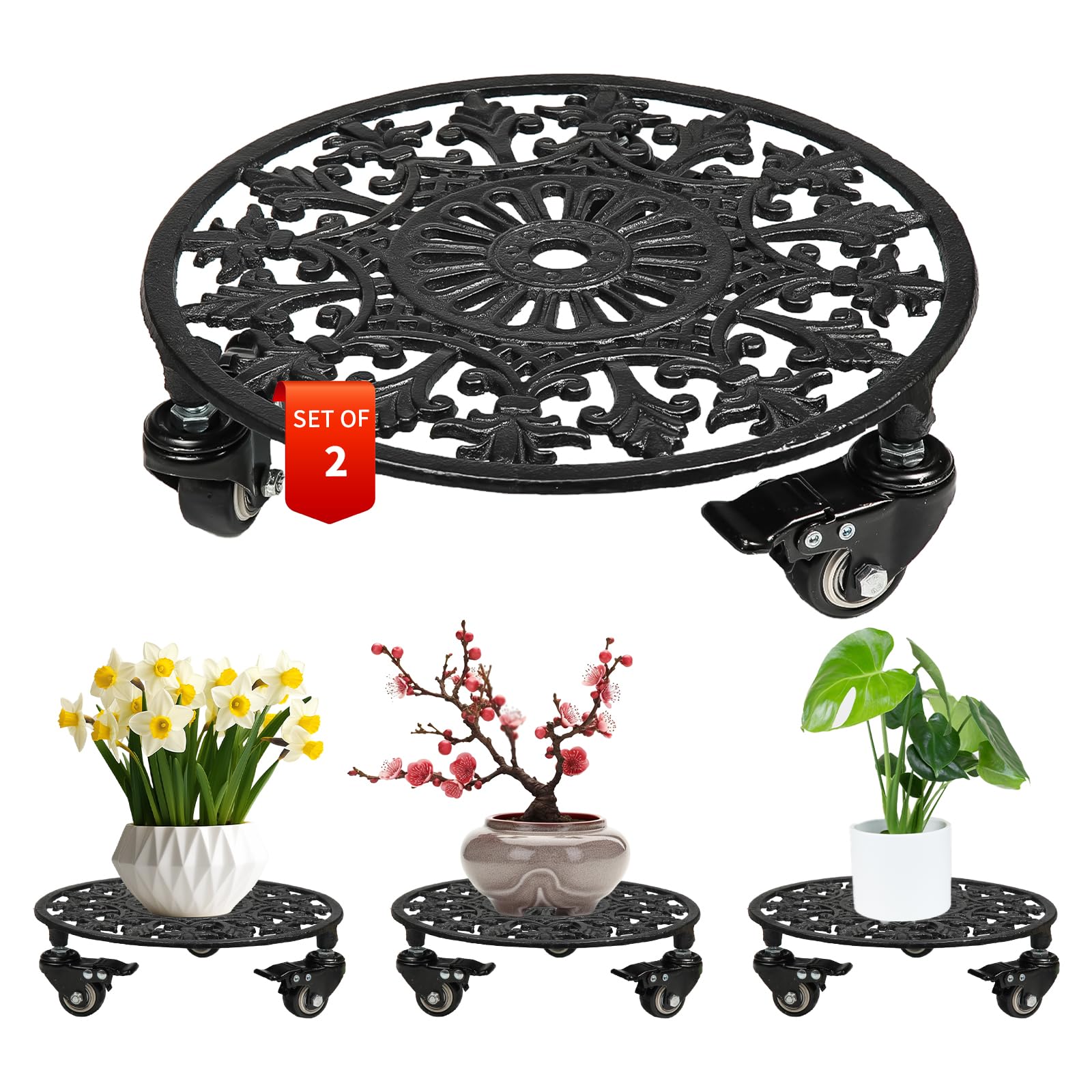 GARGENTOL rolling plant stand with wheels 11-inch wheels for easy indoor-outdoor moves.