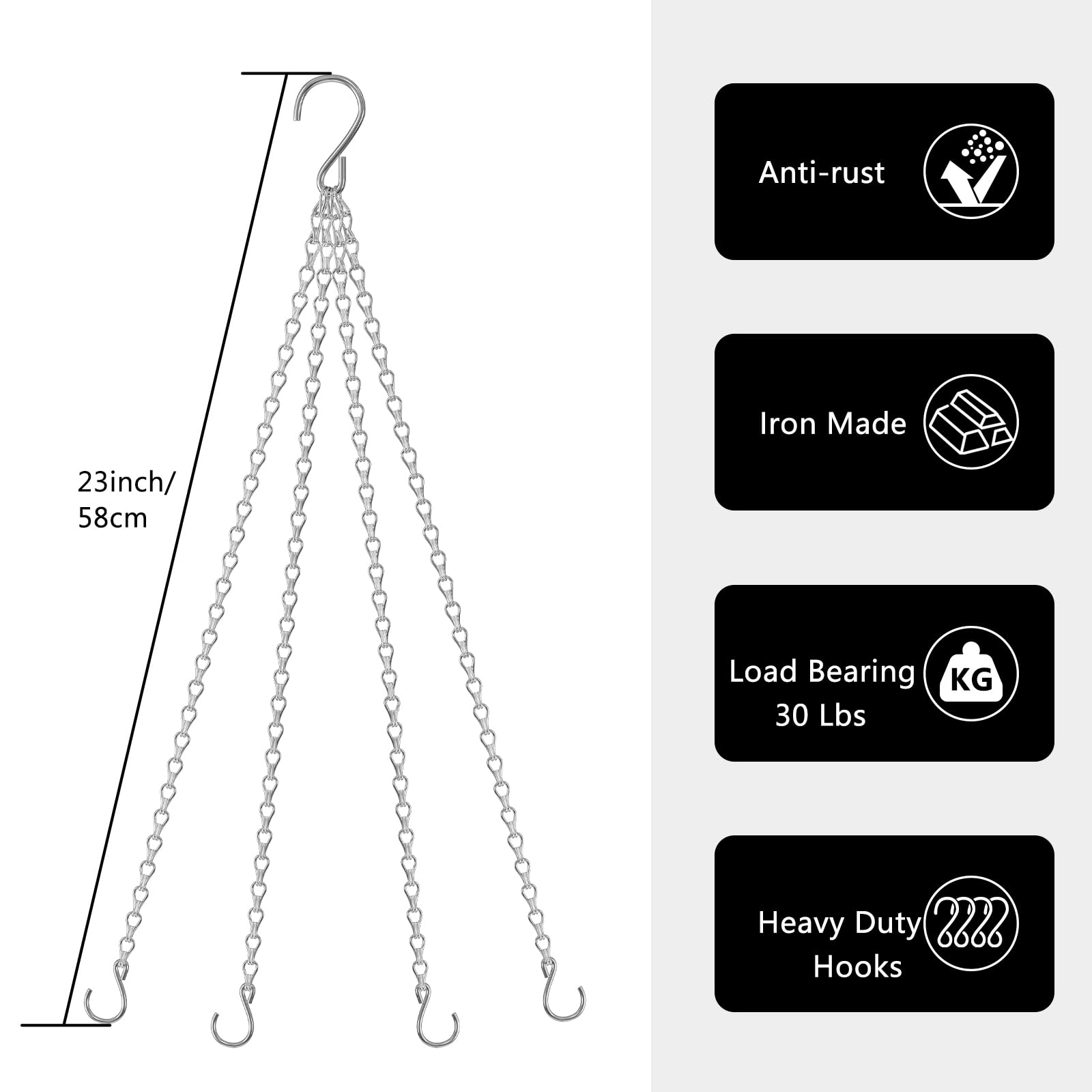 Garini 23-inch hanging chain with S hooks in silver for adjustable height