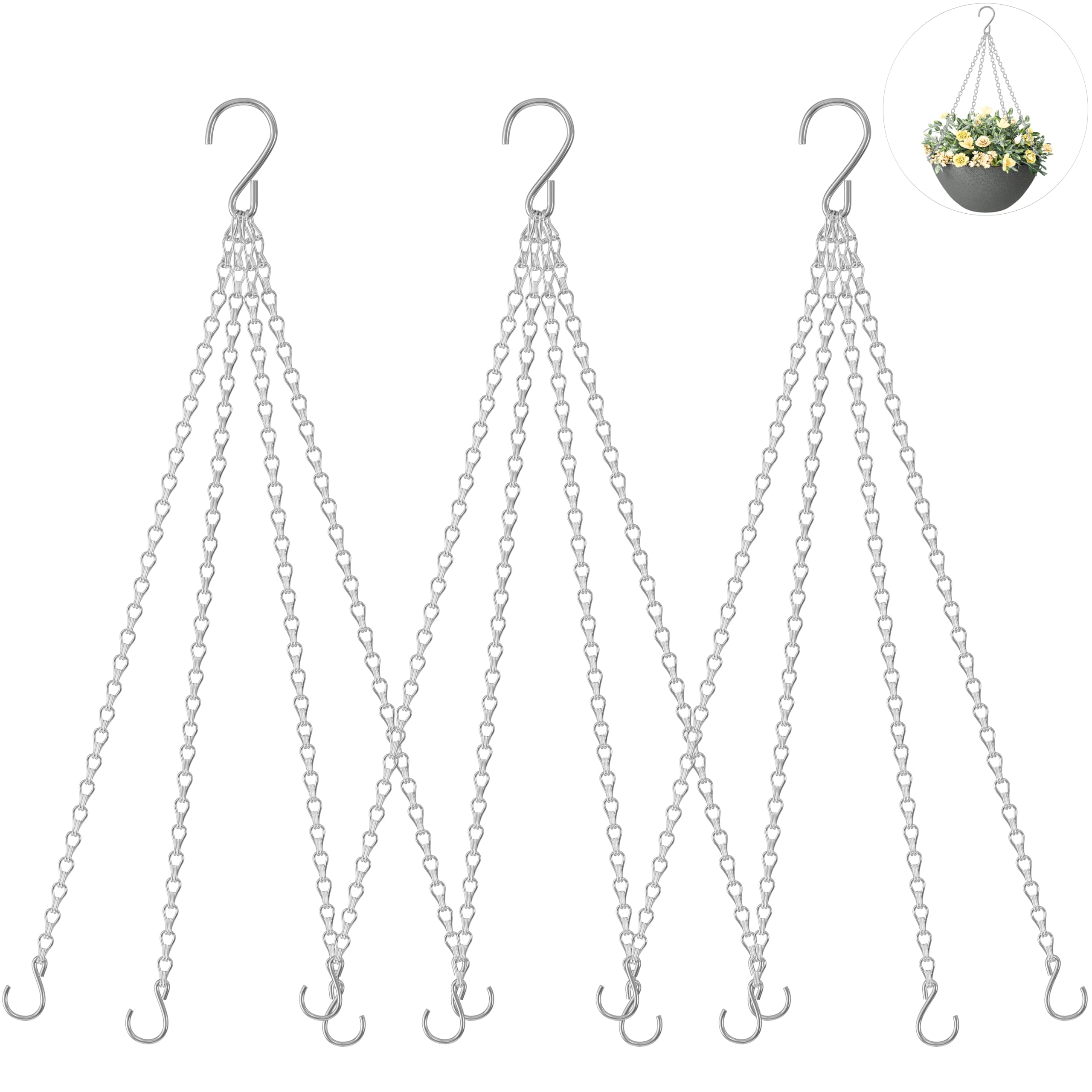 Garini 3-pack hanging chain with hooks for planters with durable silver finish