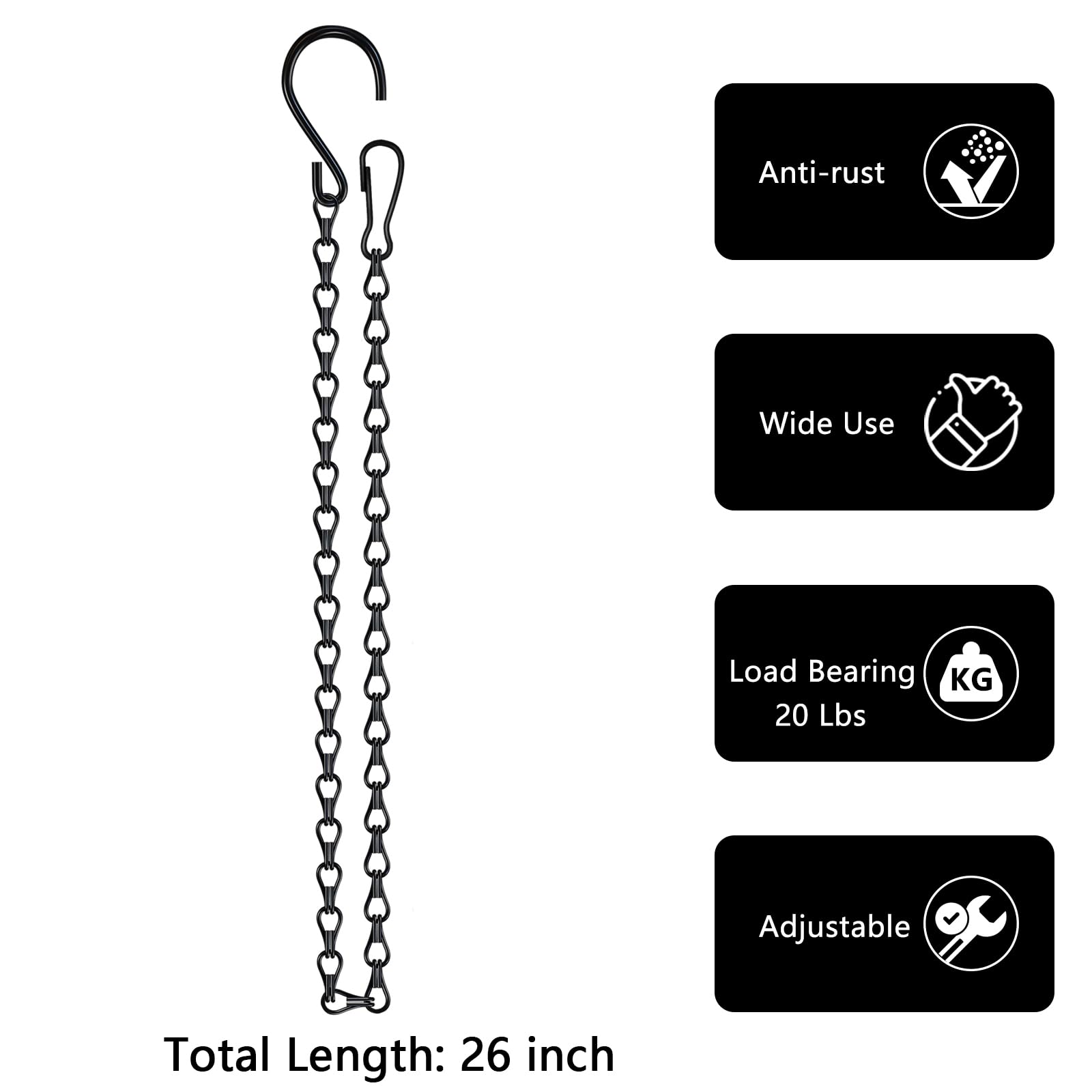 Garini black hanging chain 4-pack provides sturdy, weather-resistant support.