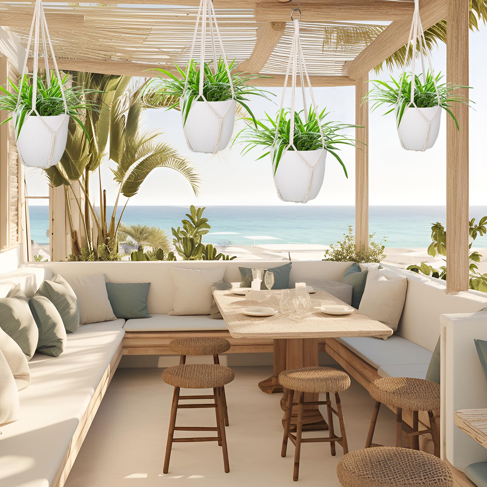 Garini macrame plant hanger with ivory cord showcases plants beautifully while saving space.