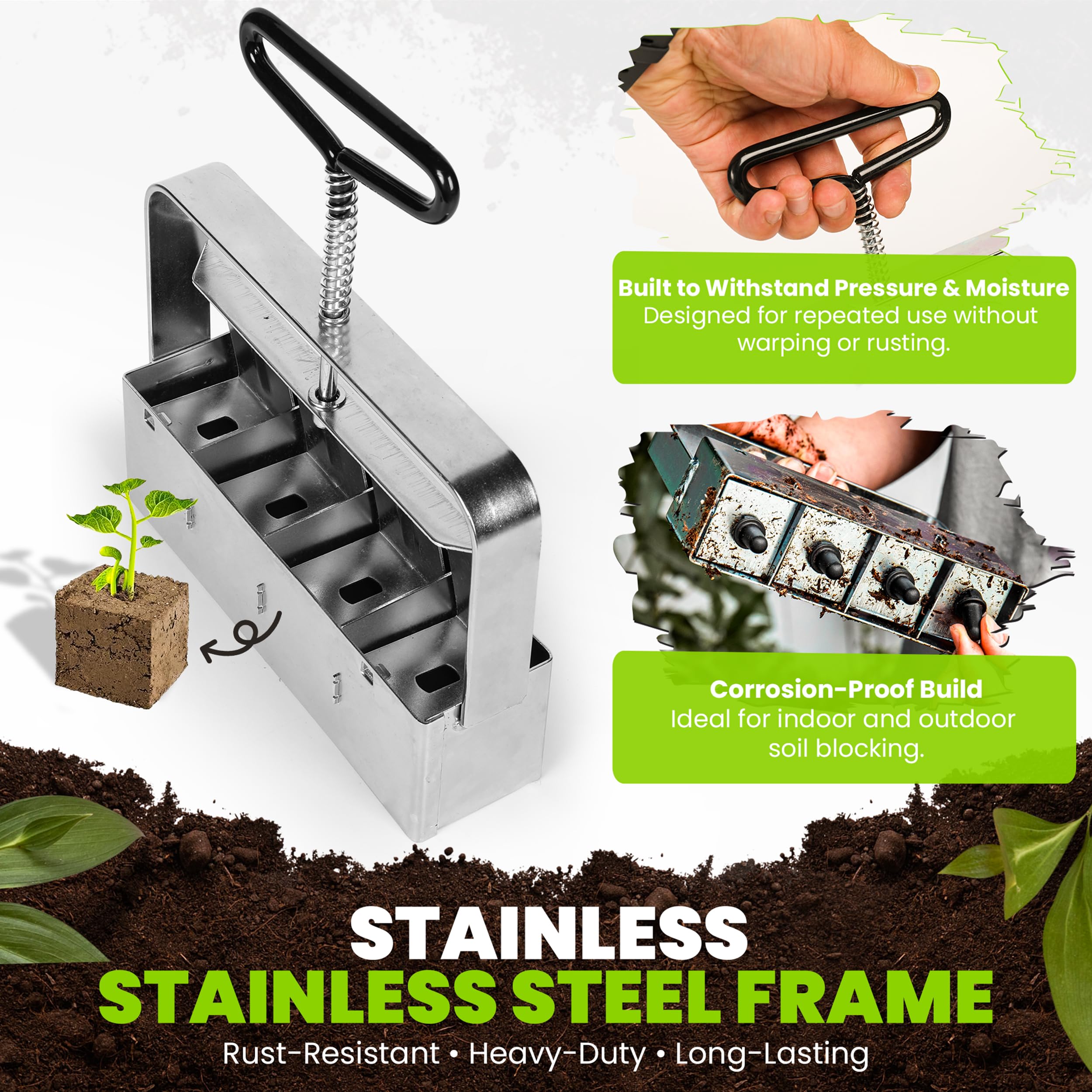 Garlump Tillerman small soil blocker creates 0.75 inch cubes for herbs and baby plants.