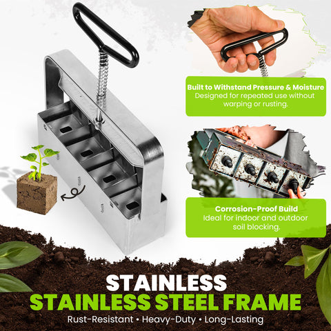 Garlump Tillerman small soil blocker creates 0.75 inch cubes for herbs and baby plants.