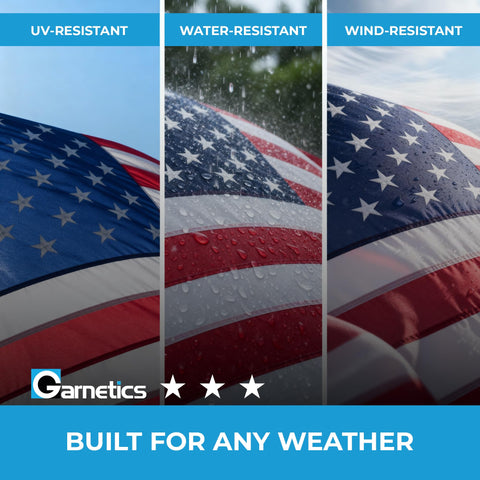 Garnetics flag with sewn stripes for durable outdoor use.