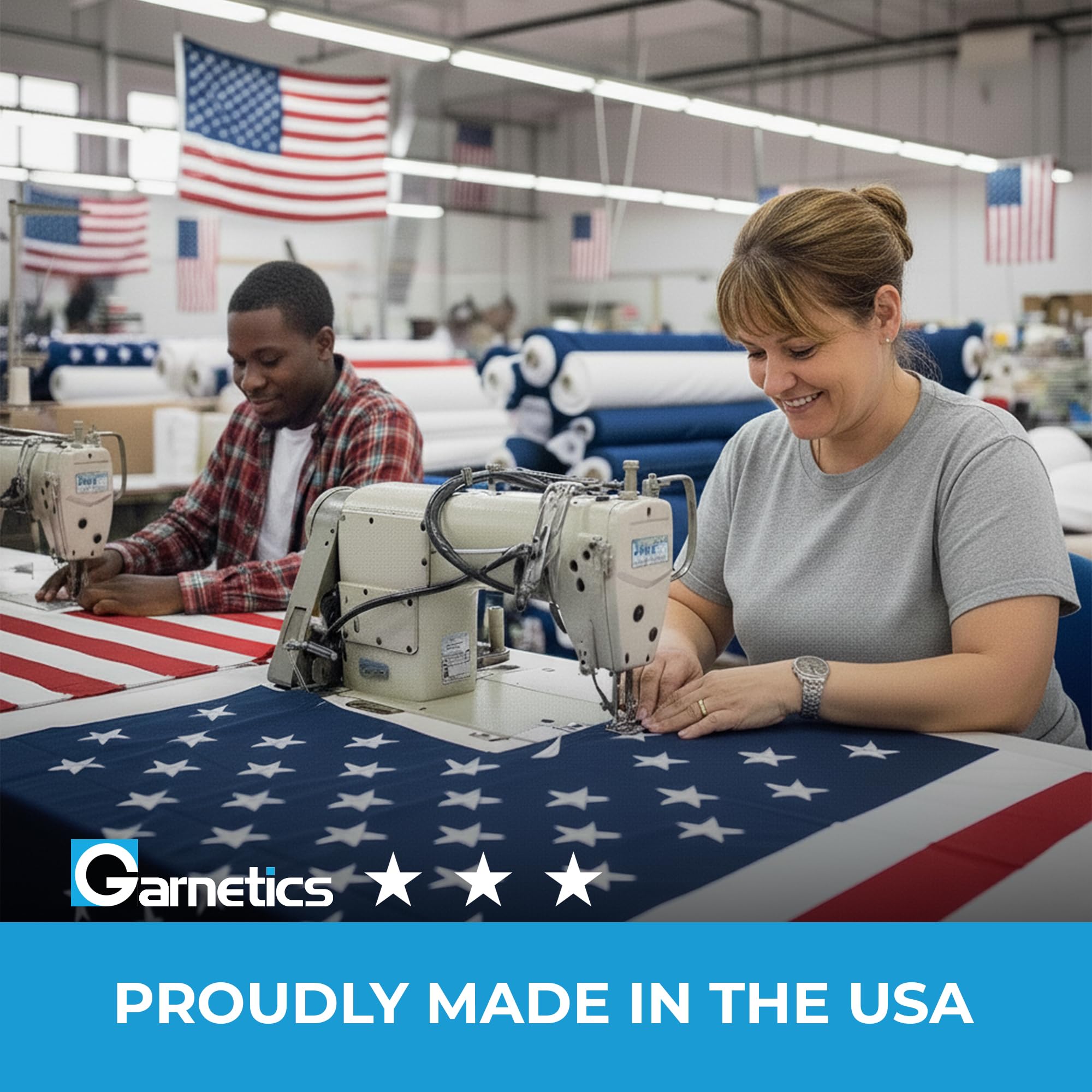 Garnetics heavy-duty outdoor flag with reinforced header for tough weather.