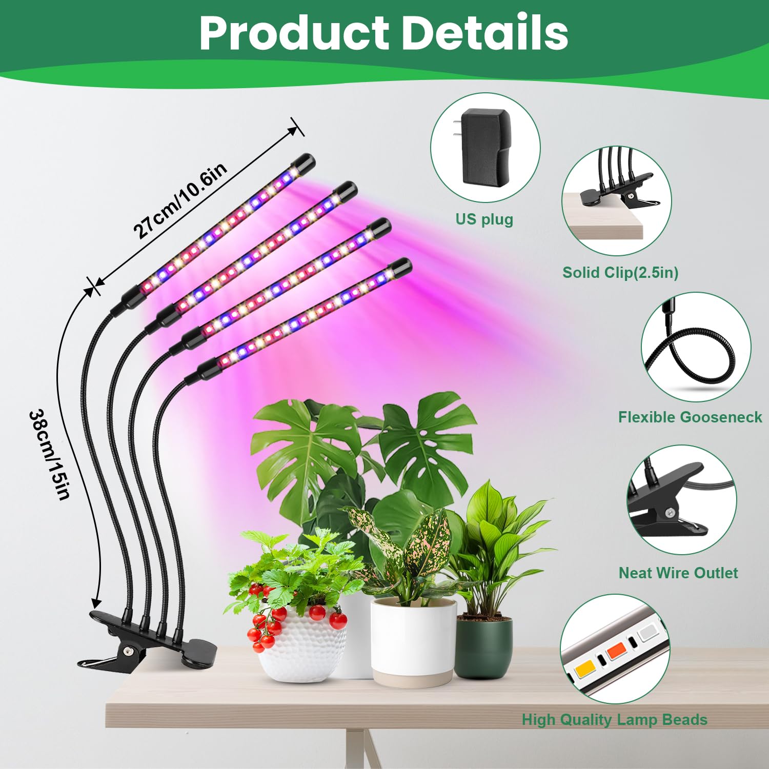 Garpsen grow light offers 3 colors and dimming for plant stages.