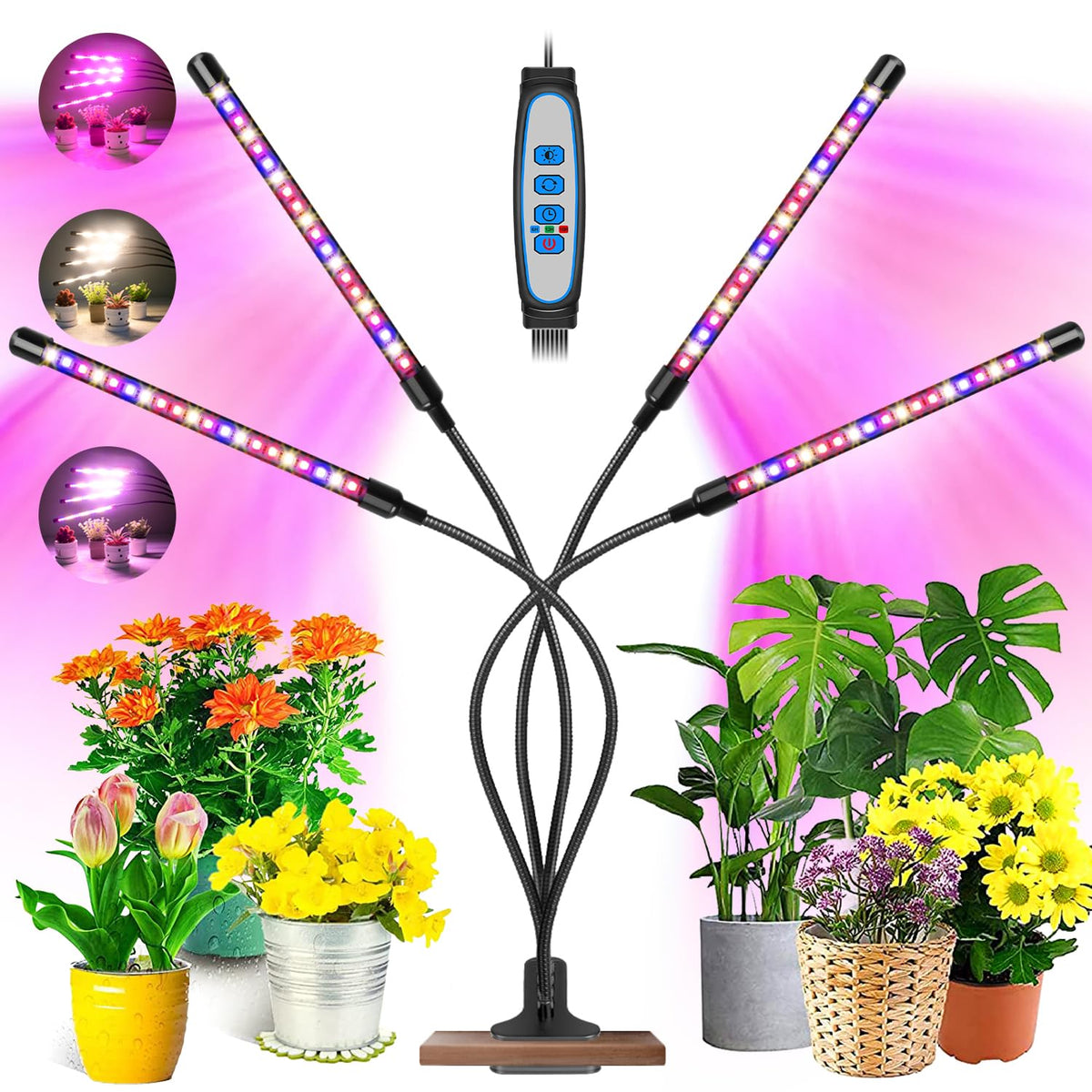 Garpsen grow light with 4-arm coverage brightens multiple plants at once.