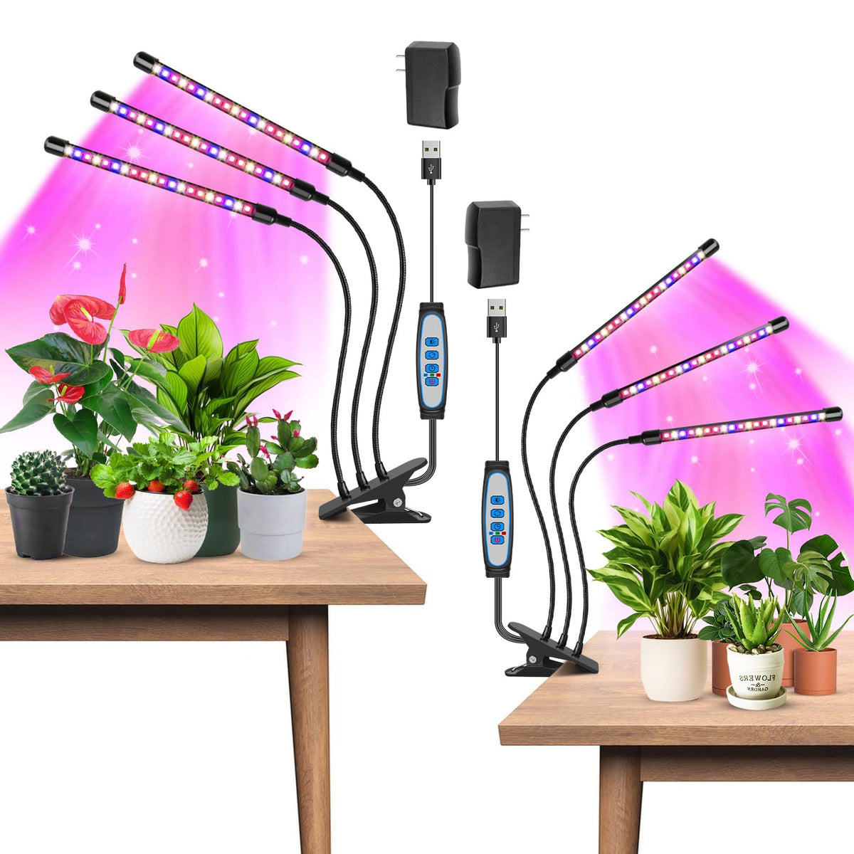 Garpsen LED grow light with clip-on heads for compact indoor seedling support.