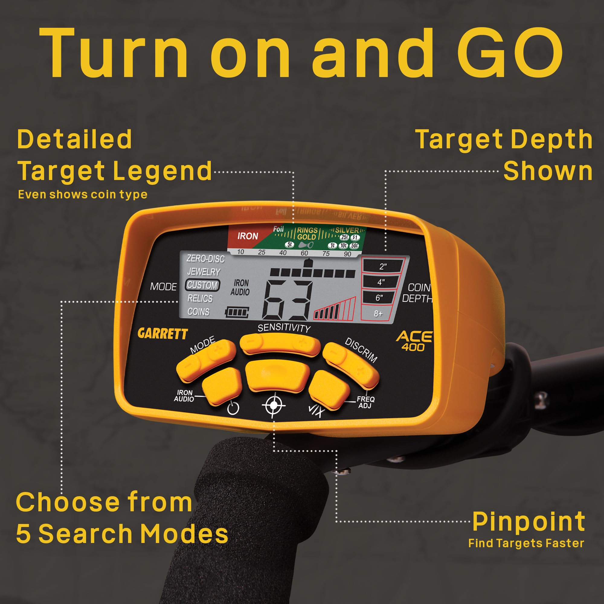 Garrett ACE 400 electronic pinpointing for precise target location after detection.