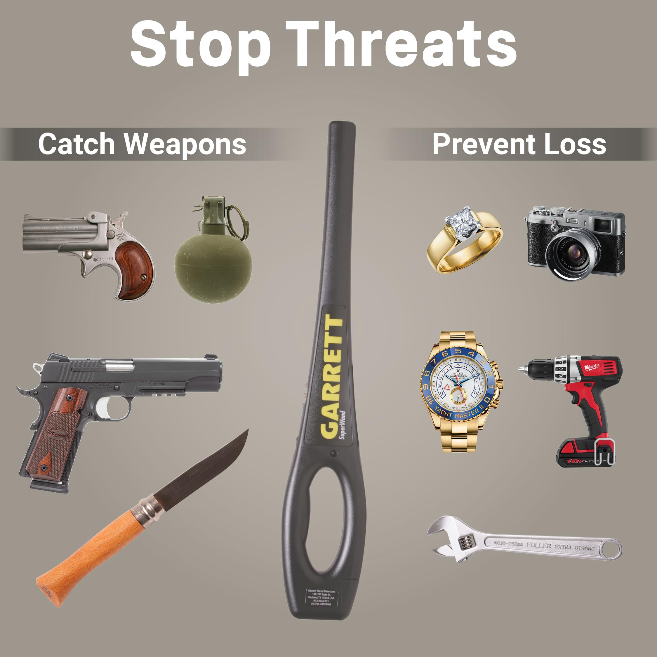 Garrett SuperWand pinpointing-tip locates metal objects precisely during checks.
