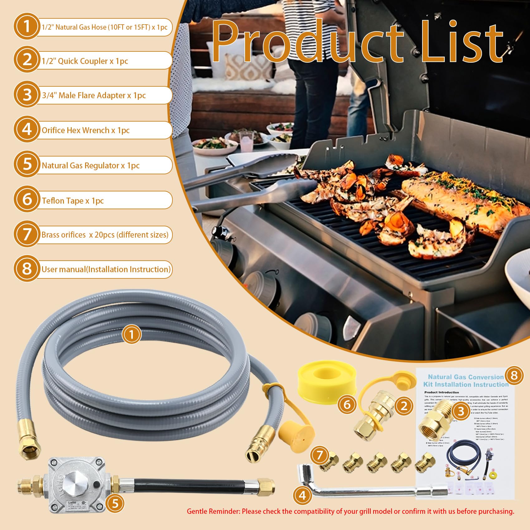 Garsoo 1/2-inch natural gas hose (10 ft) shown with regulator and quick coupler for Weber.