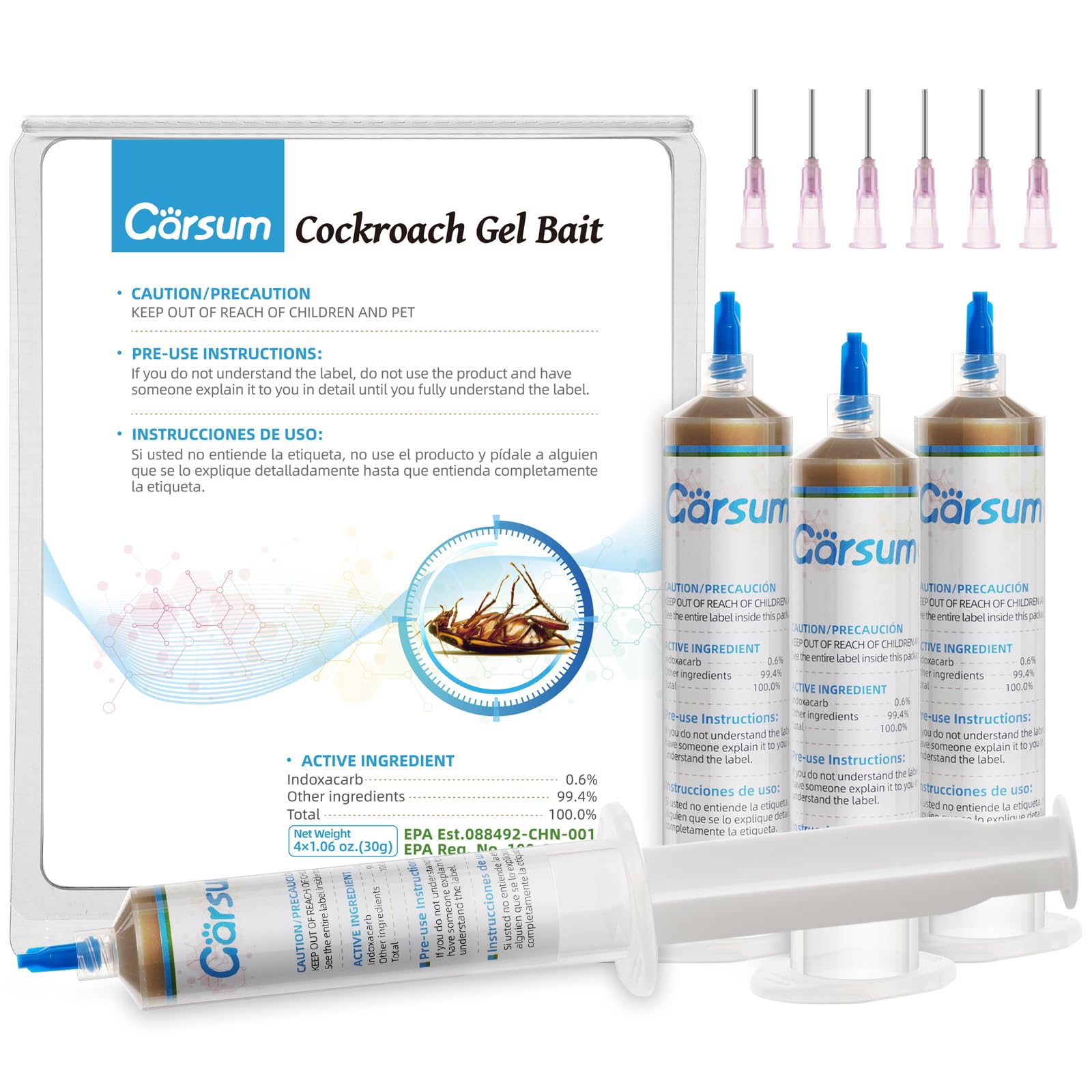 Garsum cockroach gel bait 4-tubes box for versatile use indoors and outdoors.