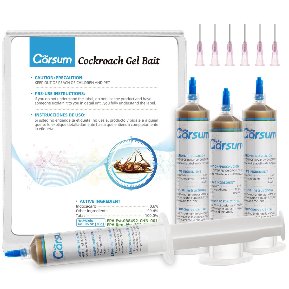 Garsum cockroach gel bait 4-tubes box for versatile use indoors and outdoors.