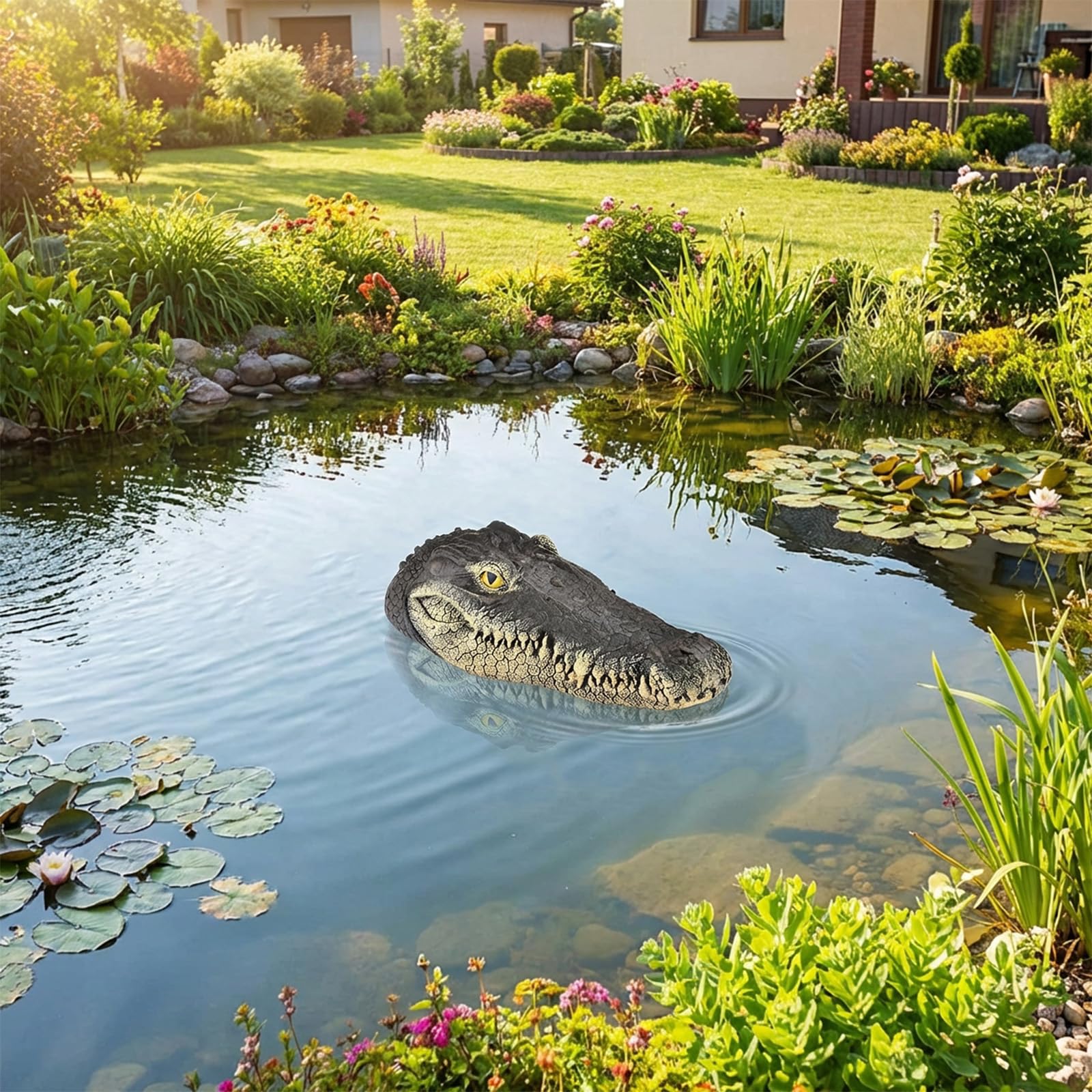 GARTENGERATE weatherproof resin gator head withstands sun and weather outdoors.