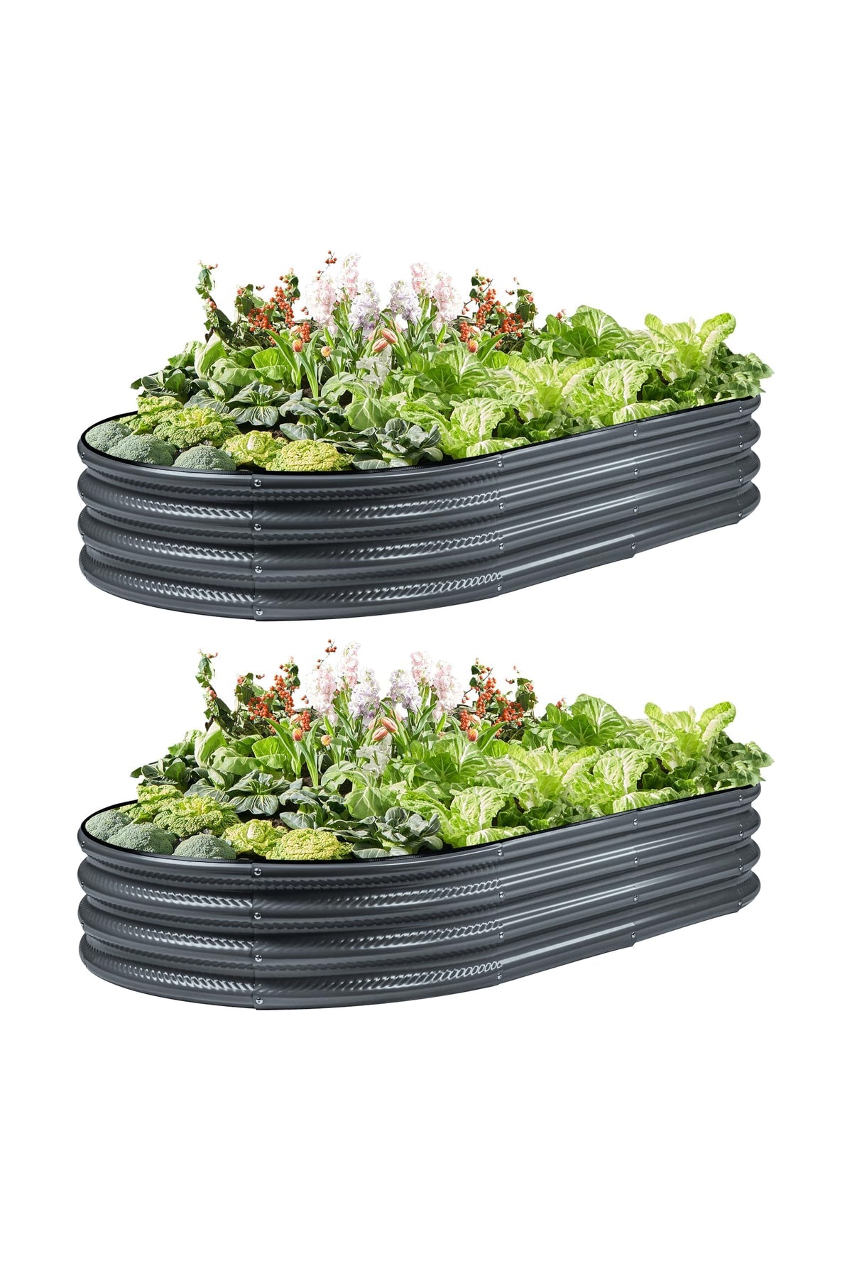 Gartist 2-pack raised bed close-up in gray oval galvanized steel for outdoor planting.