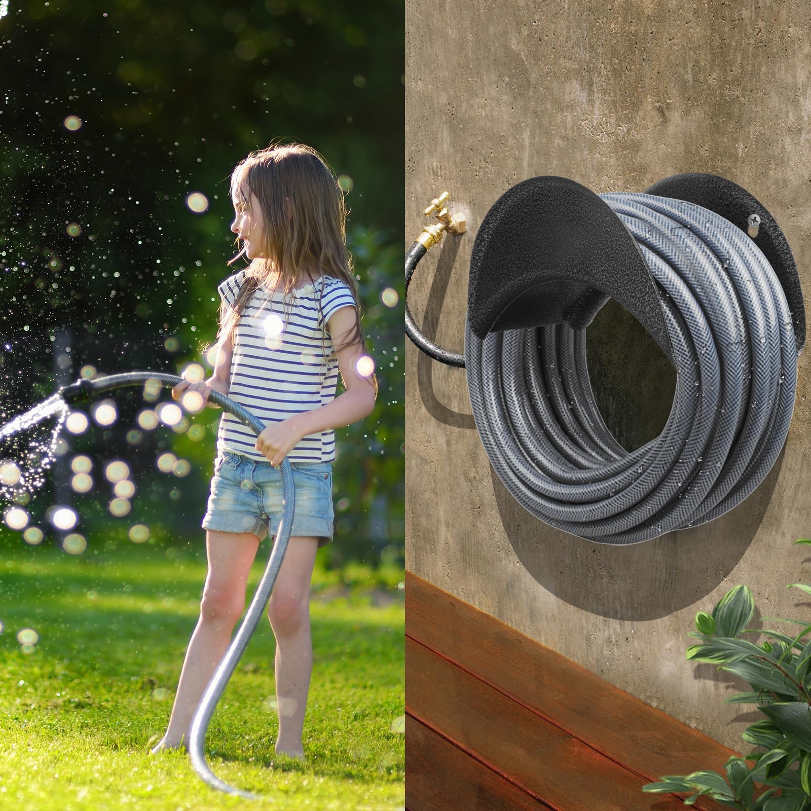 GARTOL wall-mount design saves space and protects hoses from mower blades.