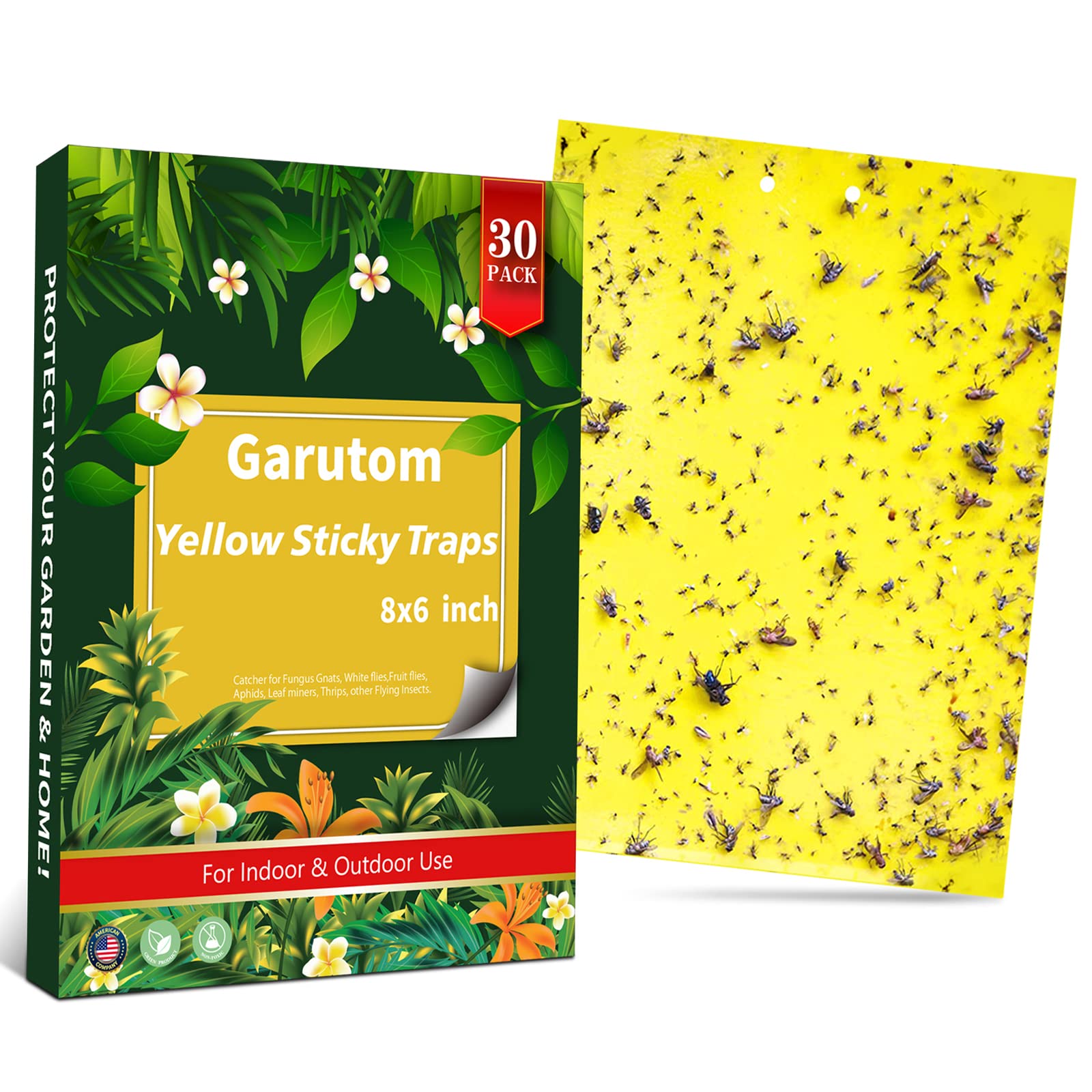 Garutom yellow sticky traps, 6x8 inch pack, front view captures flying pests indoors.