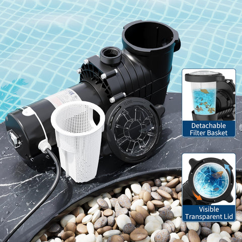 Garvee 1.5 HP pool pump hose connections show flexible sizing for setups.