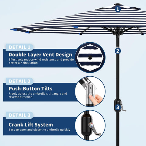 Garvee 9ft patio umbrella featuring push-button tilt for flexible sun coverage.