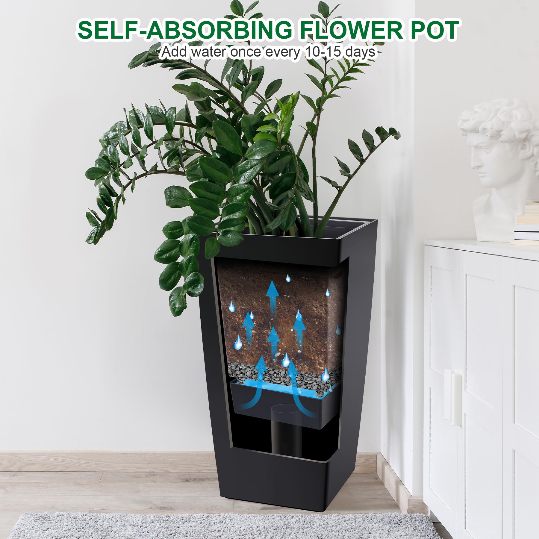 Garvee automatic watering system illustration demonstrating hands-free plant care.