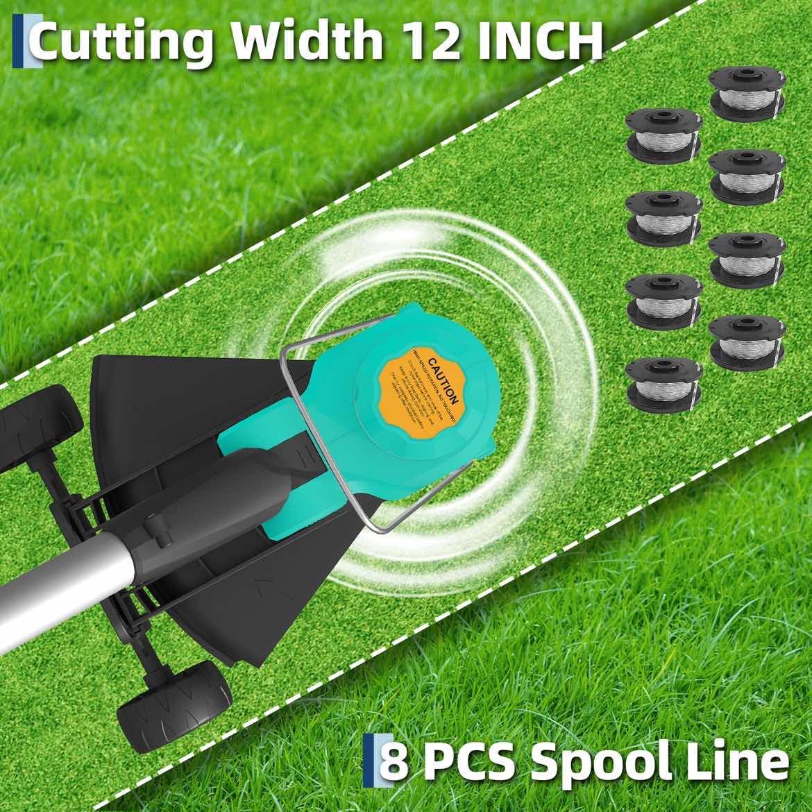 Garvee battery-powered string trimmer with wheels for easy maneuverability.