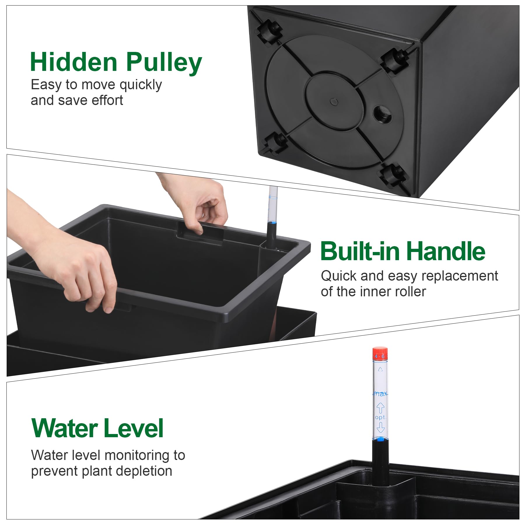 Garvee drainage holes and gutters emphasize efficient watering and root protection.