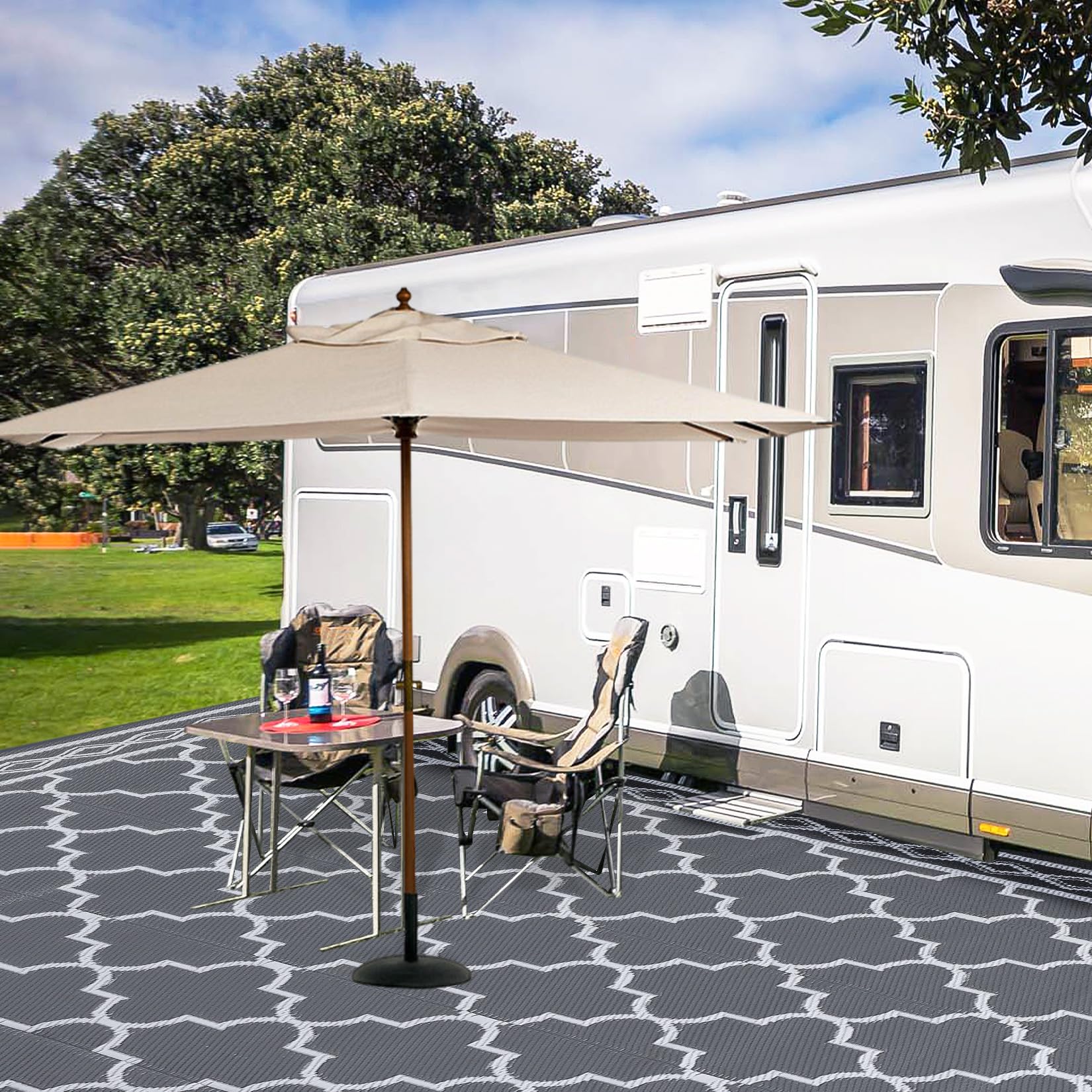 Garvee rug on a deck setting with soft pattern for outdoor living