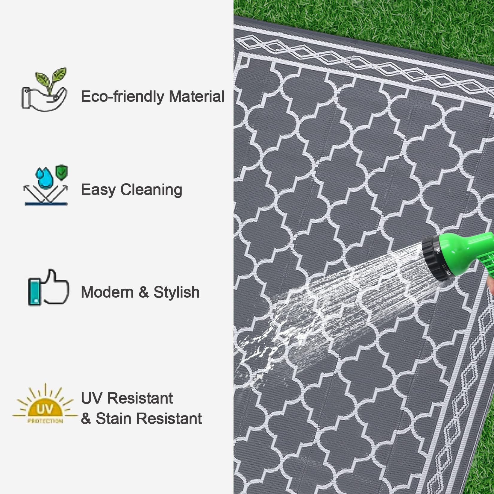 Garvee rug cleans easily with hose for quick stain removal