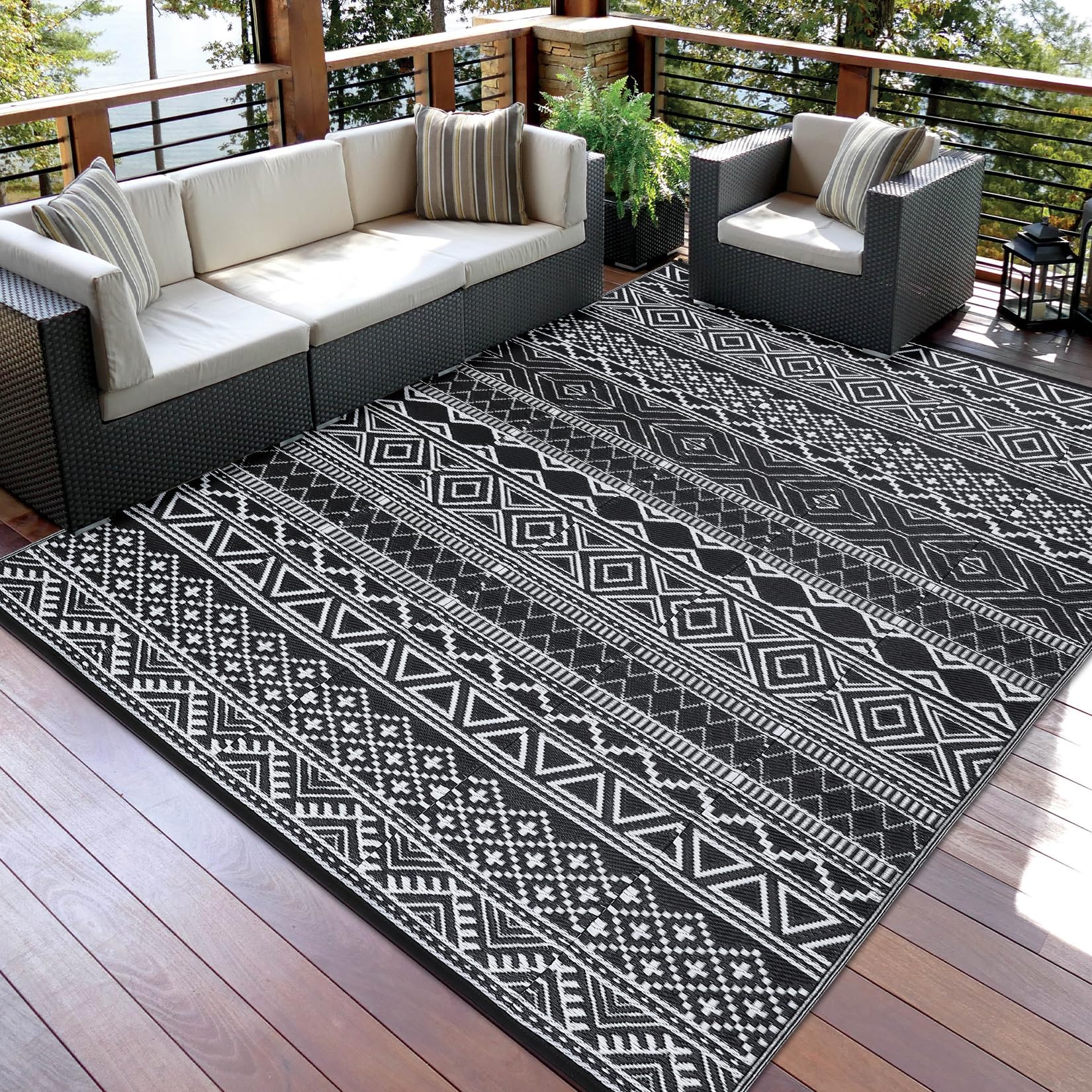 Garvee outdoor rug 9x12 on patio setup showing durable, weather-ready design for outdoor living