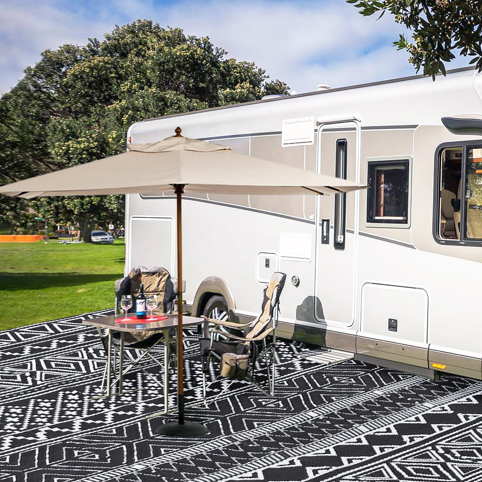 Garvee outdoor rug on patio dining area illustrating versatile style for outdoor meals