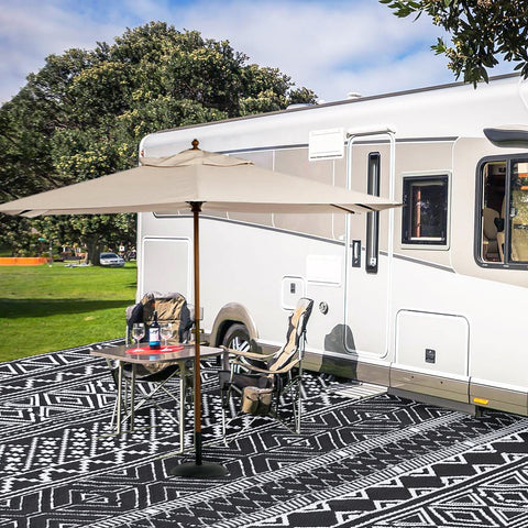 Garvee outdoor rug on patio dining area illustrating versatile style for outdoor meals