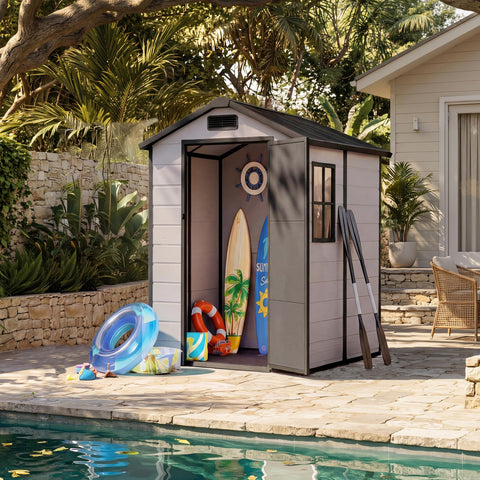 Garvee garden shed provides versatile storage near patio and yard