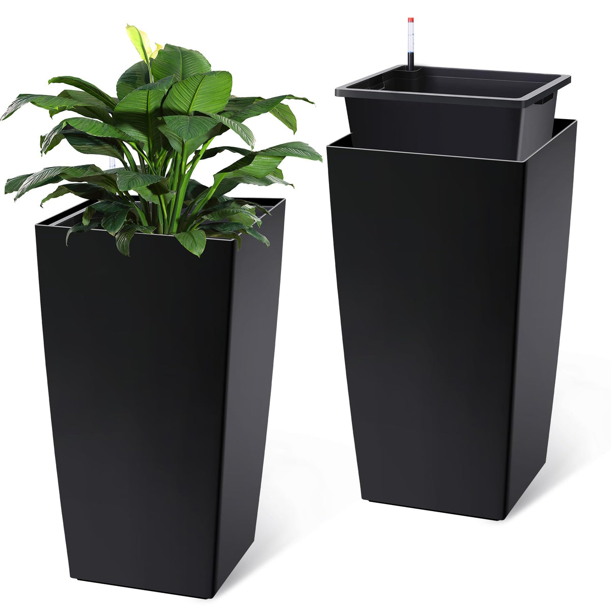 Garvee 30-inch tall planters front view in black for durable outdoor use.