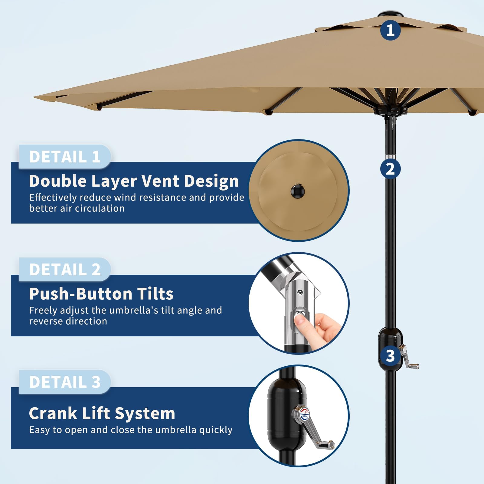 Garvee patio umbrella tilt feature enables adjustable sun coverage for seating areas.