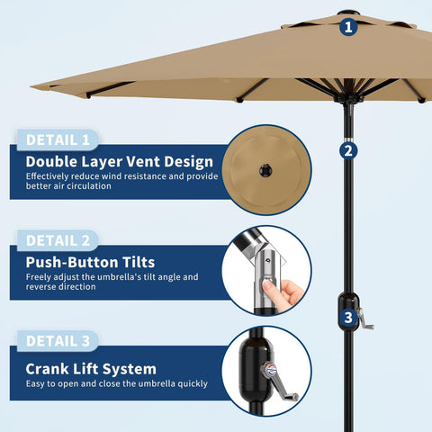 Garvee patio umbrella tilt feature enables adjustable sun coverage for seating areas.