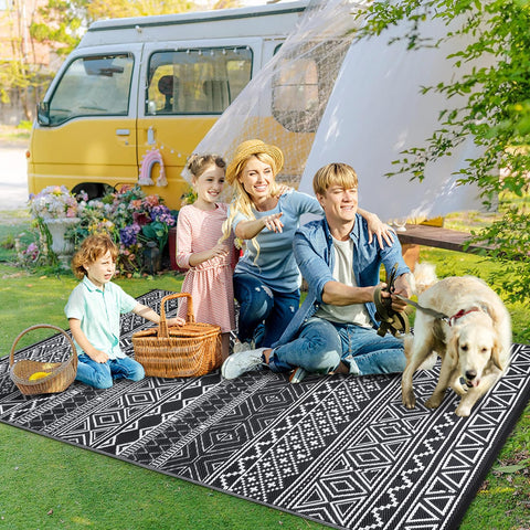 Garvee UV-treated outdoor rug maintains color under bright sun.