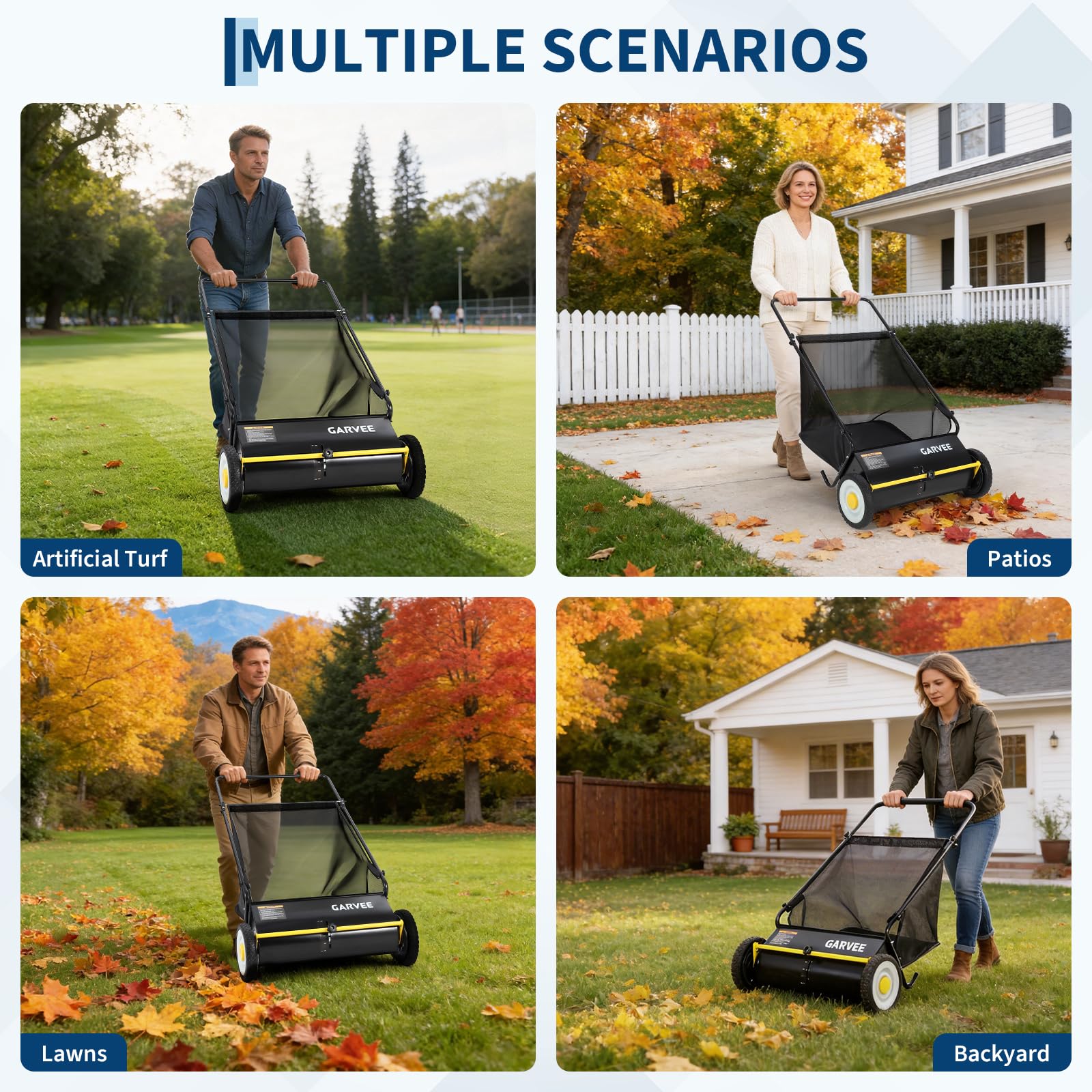 Garvee wide 26-inch sweeping path captures leaves and debris efficiently along the lawn edge.