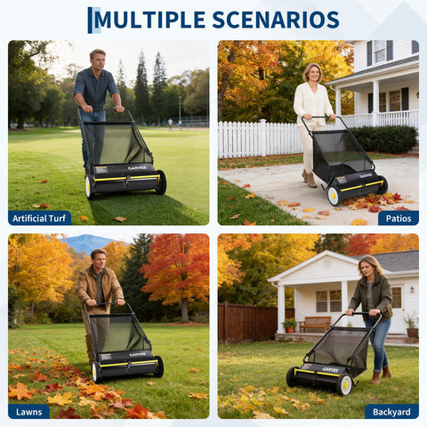 Garvee wide 26-inch sweeping path captures leaves and debris efficiently along the lawn edge.