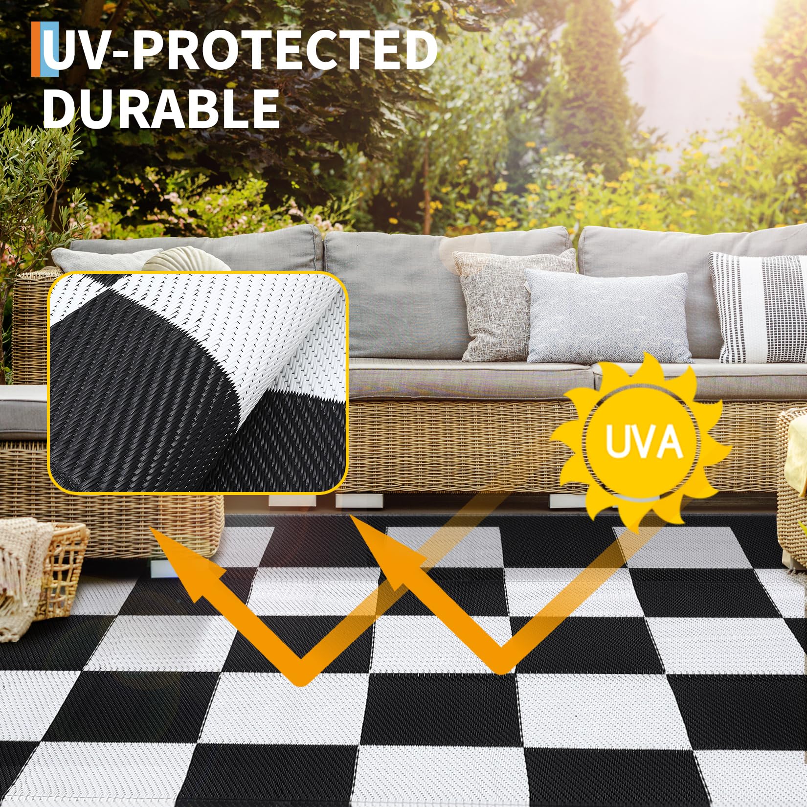GarveeHome easy-care waterproof patio rug, simple wipe-clean maintenance after outdoor meals.