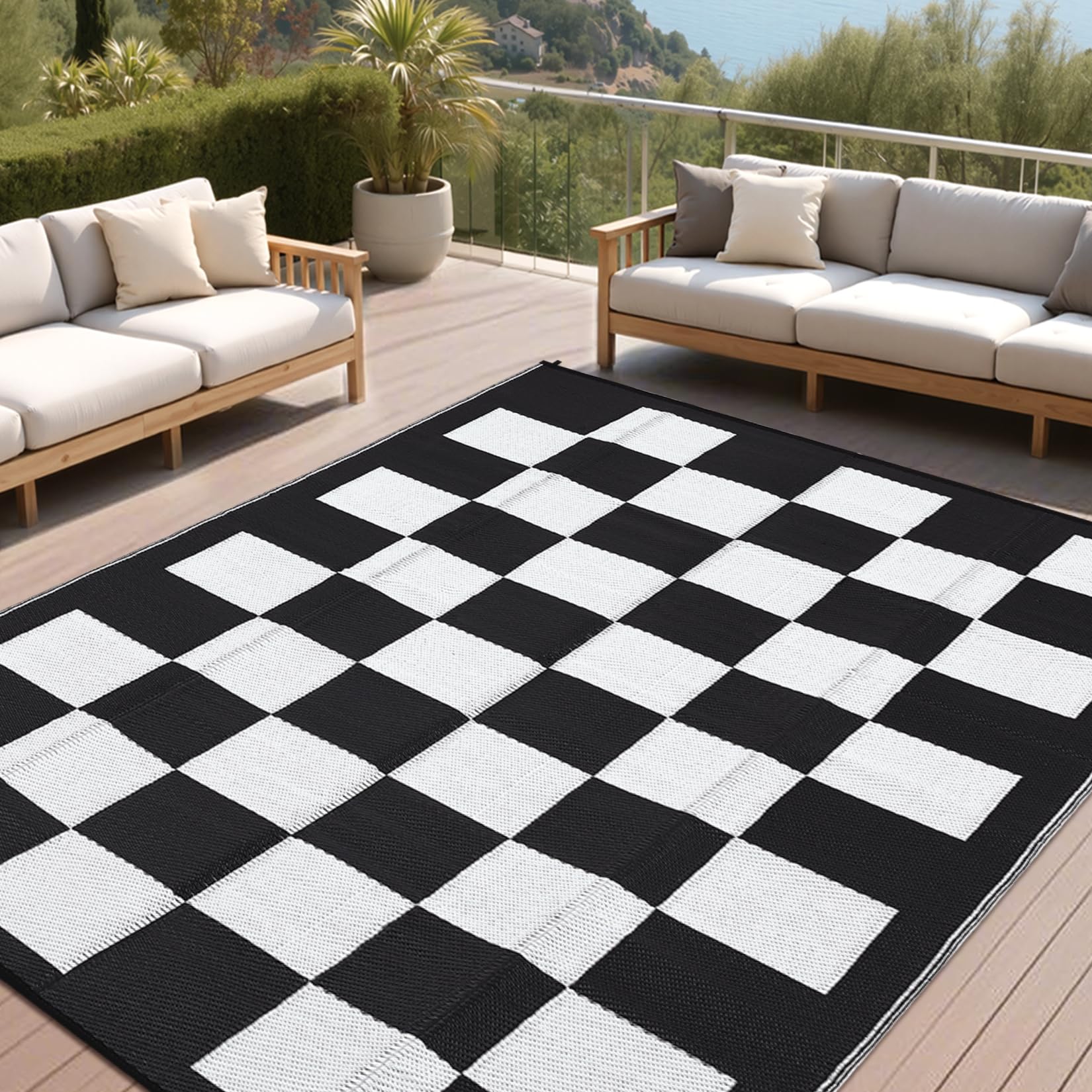 GarveeHome outdoor rug with checkboard pattern enhances deck styling.