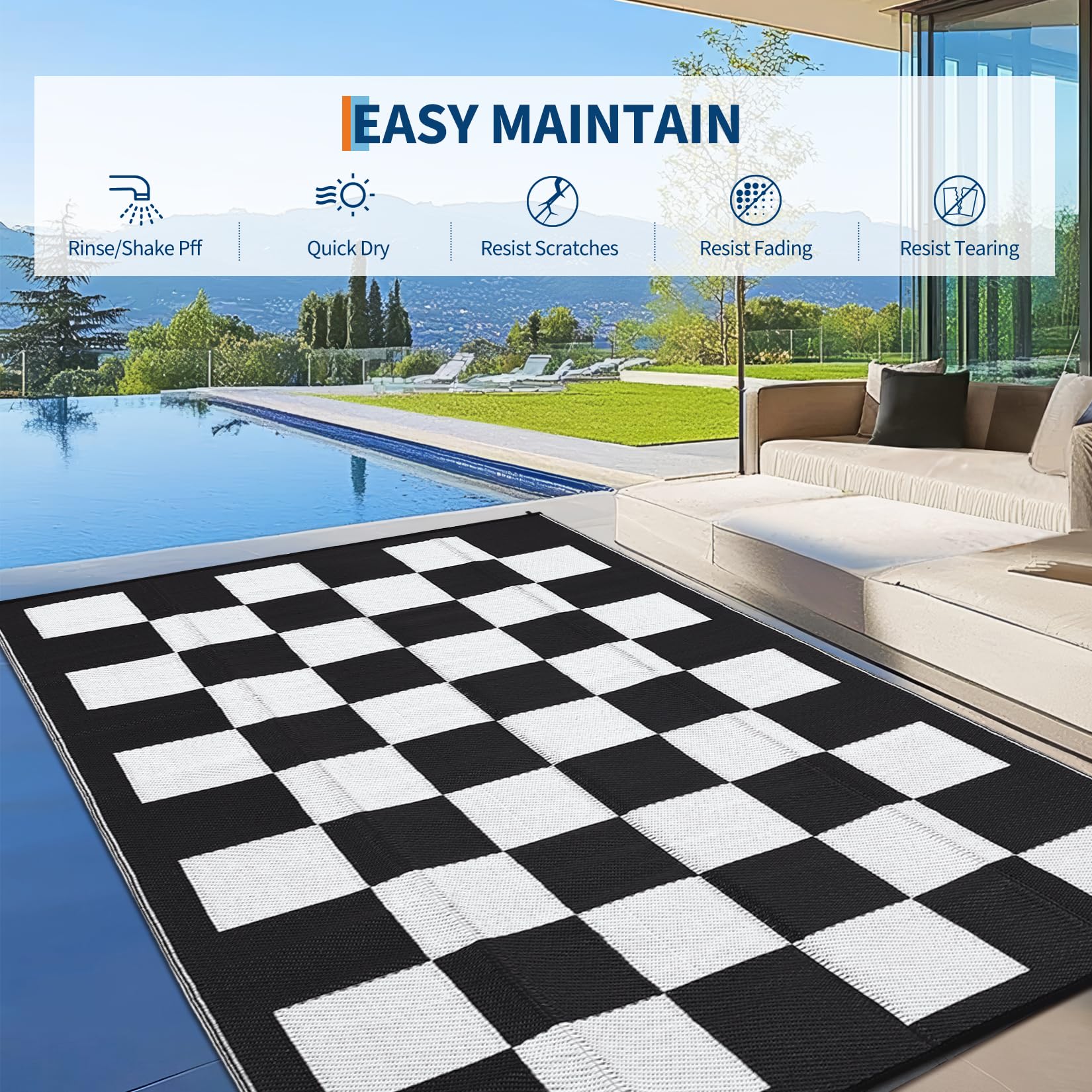 GarveeHome reversible rug with checkboard design for versatile patio looks.