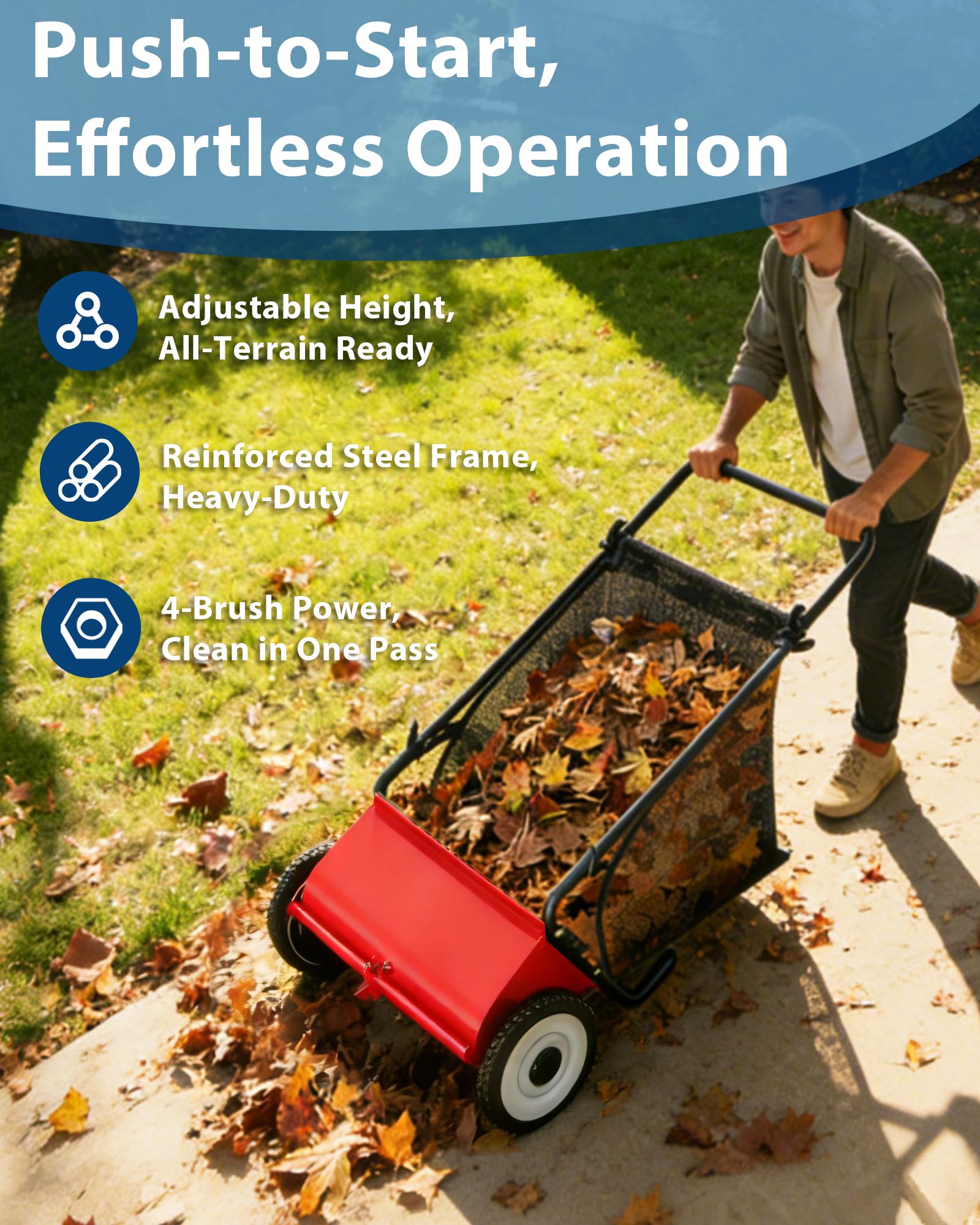 GarveeLife Push Lawn Sweeper with 4-brush system demonstrates robust debris collection power.