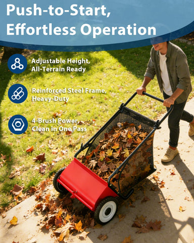 GarveeLife Push Lawn Sweeper with 4-brush system demonstrates robust debris collection power.