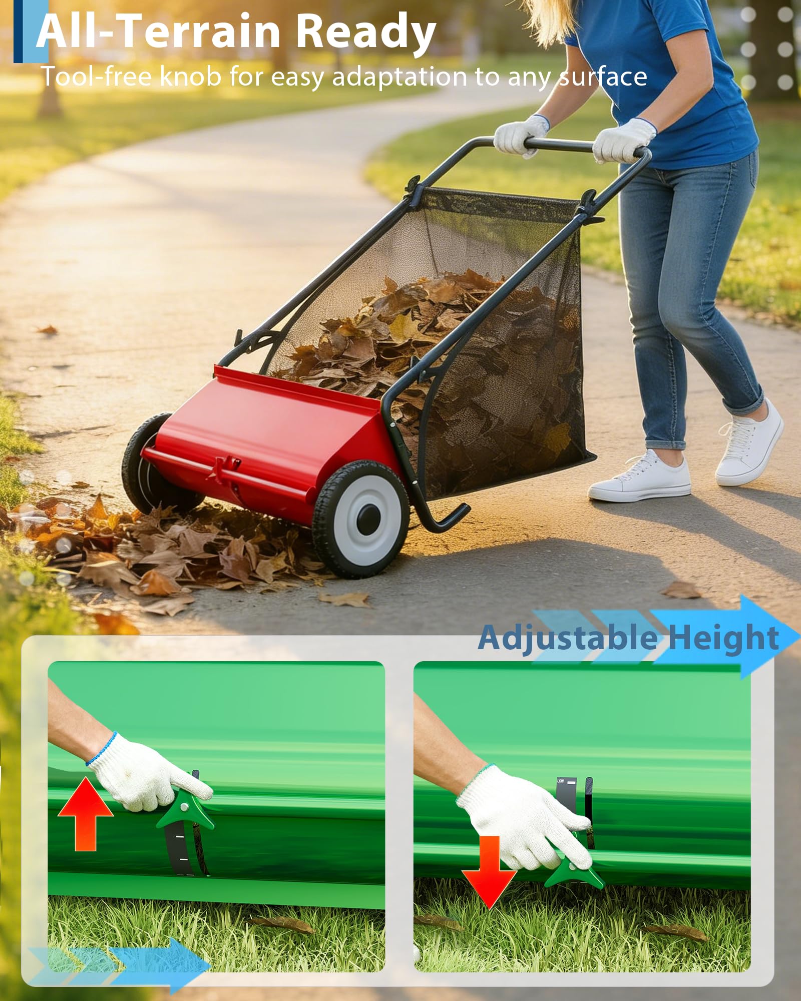 GarveeLife Push Lawn Sweeper height adjustment helps adapt to uneven terrain.