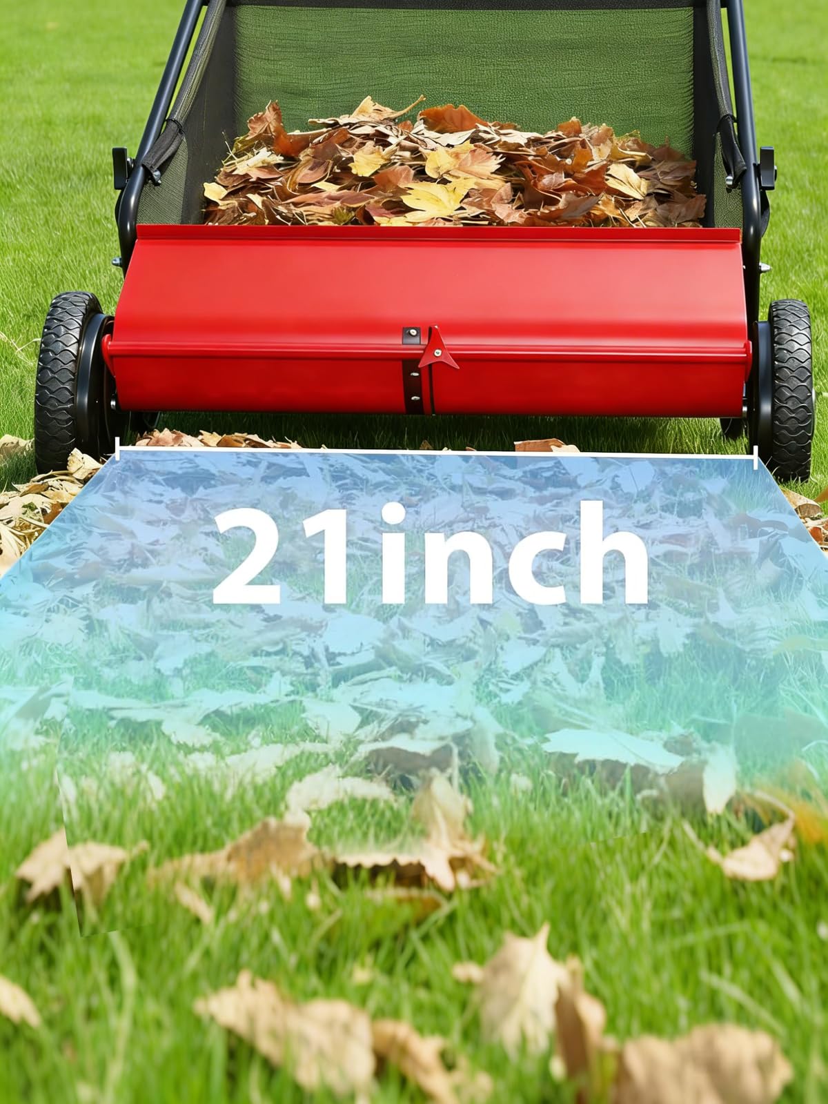 GarveeLife Push Lawn Sweeper in use on a neat, tidy lawn.