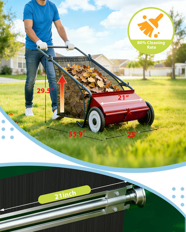 GarveeLife Push Lawn Sweeper mesh bag stores debris efficiently.