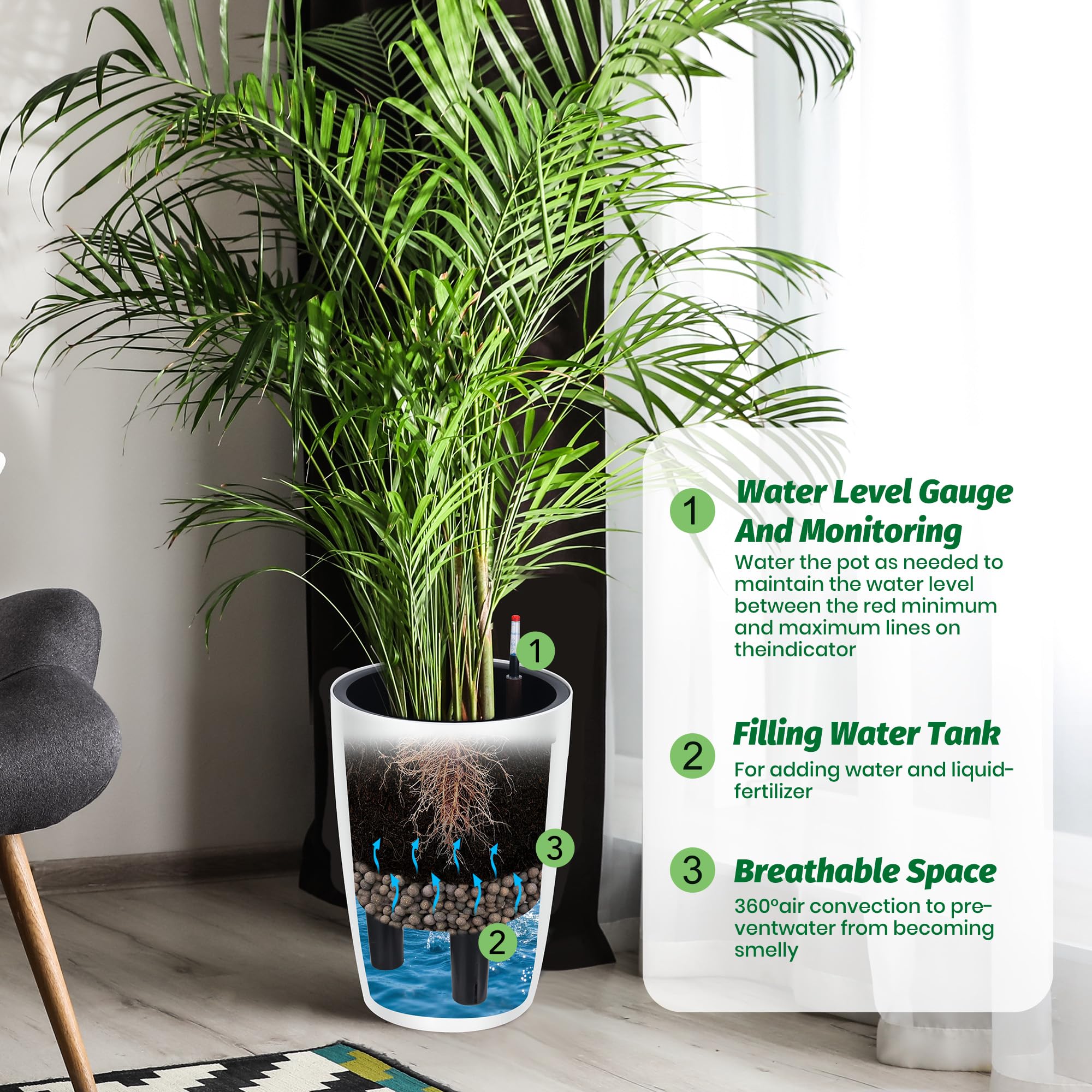 GarveeLife planter shows visual water level indicator for quick refills