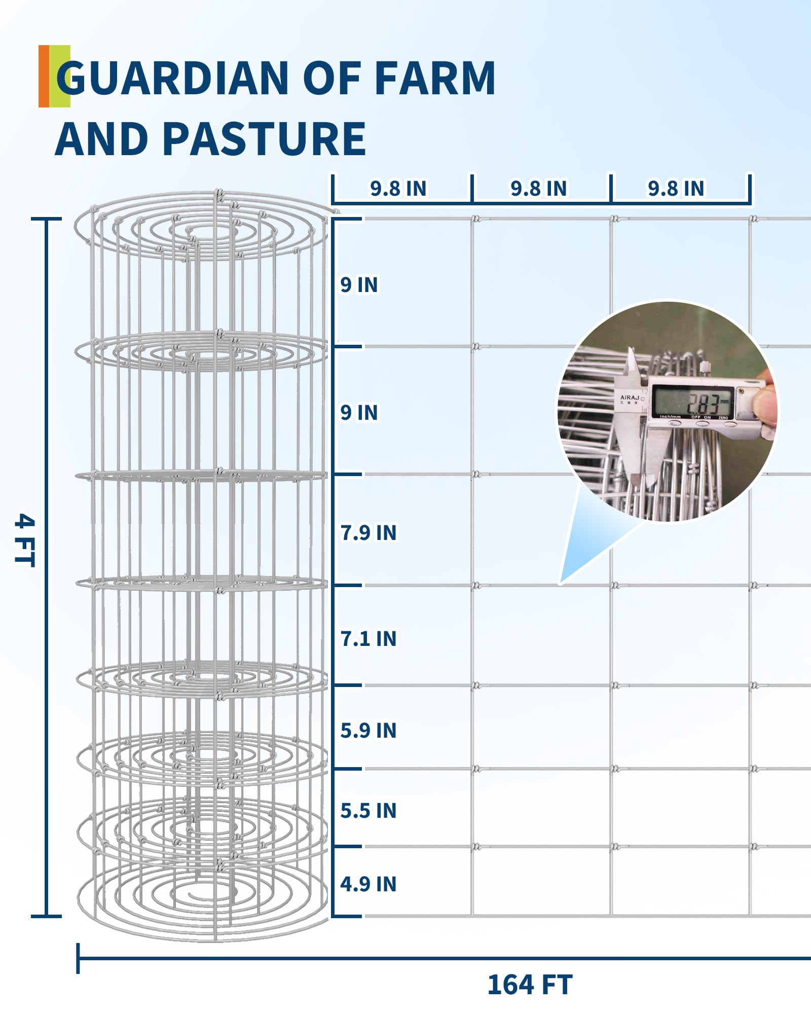 GarveeTech 9GA fence dimension close-up shows 4 ft x 164 ft length.